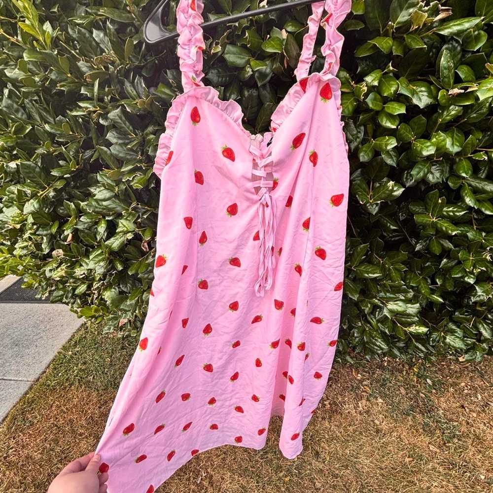 Pink and red strawberry silky print frill dress size 3x (shein)